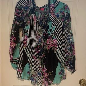 Sunny Leigh Floral and Striped Blouse - Black, pink and Blue